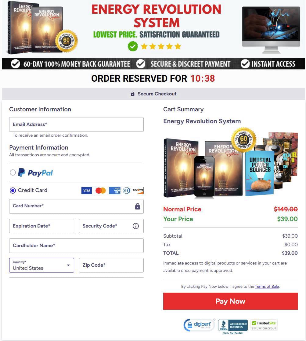 Energy Revolution System Checkout Page